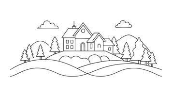 House on a hill, with lush trees and majestic mountains continuous line art flat illustration on white background. vector