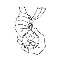 Hand proudly holds a gold medal adorned with stars continuous black line art isolated flat illustration on white background vector