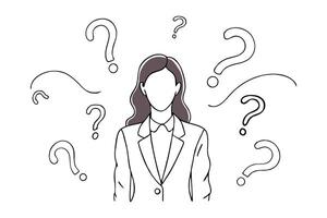 Woman dressed in a business suit stands poised in front of numerous question marks continuous black line art isolated flat illustration on white background vector
