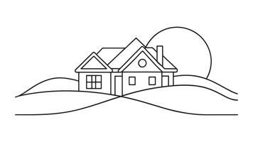 Picturesque house perched on a hill, illuminated by a radiant sun in the background, creating a serene landscape line art flat illustration. vector
