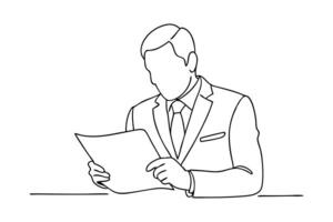 Man in a suit examines a piece of paper continuous black line art isolated flat illustration on white background vector