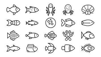 Under water Fish and seafood elements related Minimalist Black Line 15pcs icons set isolated on white background vector