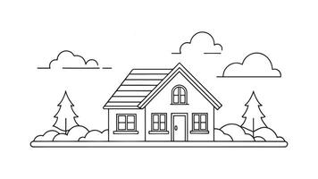 Sunset Cottage continuous line art isolated flat illustration on white background vector