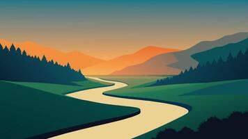 River flows through a lush green field, illuminated by the warm hues of a sunset in the background flat illustration vector