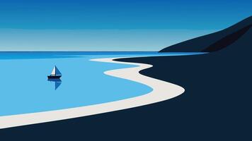 A large black sand beach stretches out, with a boat gently floating in the calm water under a clear sky flat illustration vector