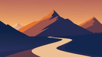 A dirt road winds through the mountains, leading towards a majestic mountain range in the background flat illustration vector