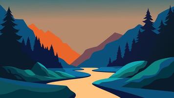 River flows over rocks, framed by lush trees in the background, creating a tranquil natural scene flat illustration vector