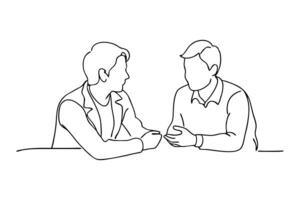Visual representation of two individuals in discussion continuous black line art isolated flat illustration on white background. vector
