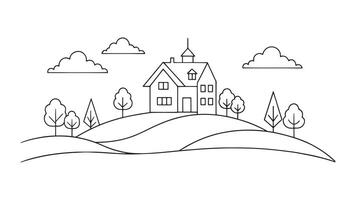 Picturesque house perched on a hill, surrounded by lush trees and a backdrop of fluffy clouds in a clear blue sky continuous line art flat illustration. vector