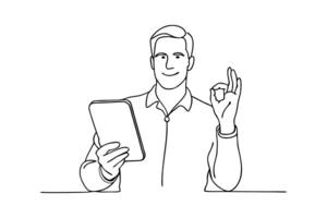 Man holds a tablet in one hand while making an OK sign with the other continuous black line art isolated flat illustration on white background vector