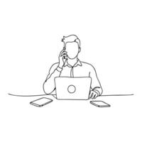 A man sits at a desk, balancing a laptop and a phone on his head continuous line art flat illustration vector