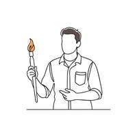 Man stands holding a paintbrush continuous black line art isolated flat illustration on white background. vector
