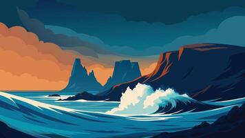 Turbulent sea with powerful waves crashing against rugged rocks under a stormy sky, creating a dramatic coastal scene Flat illustration. vector