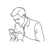 A man focused on his phone continuous line art flat illustration. vector