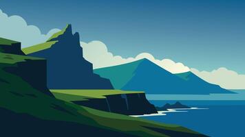 The Faroe Islands, showcasing rugged cliffs and lush greenery against a dramatic sky in Iceland flat illustration. vector