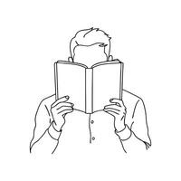 Man holds a book up to his face continuous black line art isolated flat illustration on white background vector
