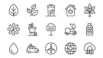 Environment and eco systems related Minimalist Black Line 15pcs icons set isolated on white background vector