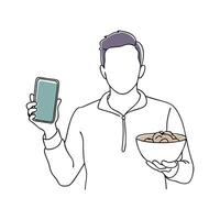 Man holds a bowl of cereal in one hand and a cell phone in the other continuous black line art isolated flat illustration on white background vector