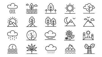 Landscapes lants, weather, trees and outdoor themes related Minimalist Black Line 15pcs icons set isolated on white background vector