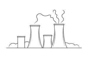 Cooling towers of power station or heavy industry plant continuous line art isolated on white background. vector