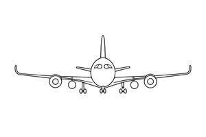 Front view of passenger plane flying. continuous line art isolated on white background vector