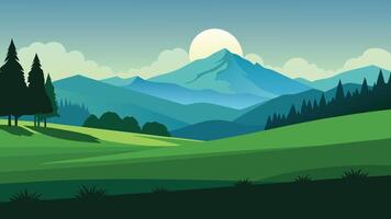 Landscape featuring lush green grass and trees in the foreground, creating a picturesque natural scene flat illustration. vector