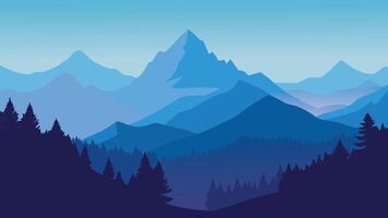 Featuring fog-covered mountains and lush trees, creating a serene and mystical landscape flat illustration vector