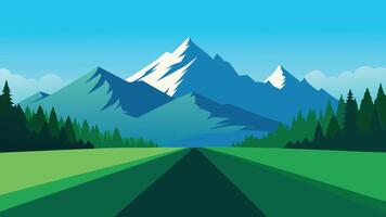 Green field bordered by trees, with majestic mountains rising in the background under a clear blue sky flat illustration vector