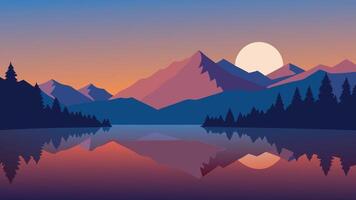 Sunrise over a lake, with majestic mountains perfectly reflected in the calm water, creating a picturesque landscape flat illustration. vector