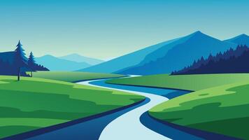 River flows through a lush green field, bordered by trees and vibrant grass under a clear blue sky flat illustration vector