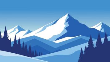 Snow covered trees stand majestically in the mountains under a clear blue sky, creating a serene winter landscape flat illustration vector
