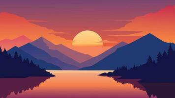 The sun sets over a calm lake, illuminating the sky with warm hues, while mountains rise majestically in the distance flat illustration vector