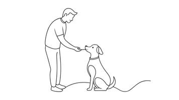 Man with a dog pet continuous line art isolated on white background. vector