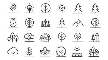 Environment, Nature, tree, landscape related Minimalist Black Line 15pcs icons set isolated on white background vector
