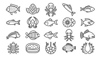 Fish and seafood elements related Minimalist Black Line 15pcs icons set isolated on white background. vector