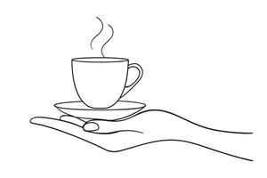 Cup in human hand. continuous line art isolated on white background. vector