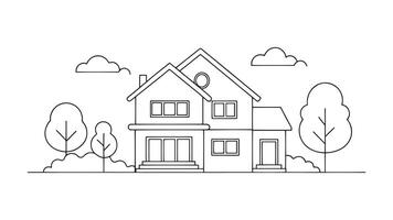A charming house set against a backdrop of lush trees and vibrant bushes line art flat illustration on white background vector