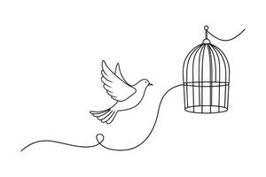 Bird released from birdcage continuous line art isolated on white background vector