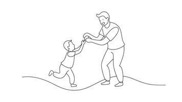 Happy dad playing with his young child continuous line art isolated on white background vector