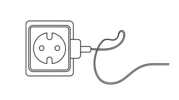 Plug inserted into electric outlet continuous line art isolated on white background. vector
