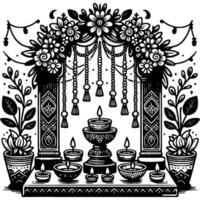 Indian altar arch decorated with flowers and candles in monochrome. Simple minimalistic in black ink drawing on white background vector