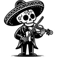 Mexican musician in wide hat and skeleton mask on his face plays the violin in monochrome. Simple minimalistic in black ink drawing on white background vector