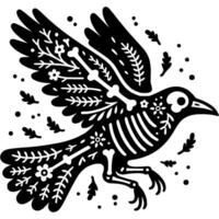 Silhouette of flying raven skeleton is decorated with Mexican floral patterns and in monochrome. Simple minimalistic in black ink drawing on white background vector