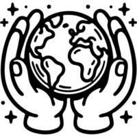 Volunteer hands hold planet Earth in monochrome. Simple minimalistic in black ink drawing on white background vector