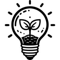 Plant sprout breaks through ground inside an electric light bulb in monochrome. Simple minimalistic in black ink drawing on white background vector