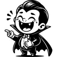 Boy dressed in a vampire costume laughs cheerfully, holds his stomach and points his finger forward in monochrome. Simple minimalistic in black ink drawing on white background vector