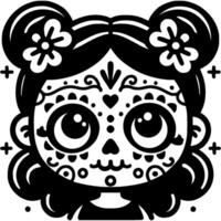 Brunette girl with a face decorated with Mexican ornament in monochrome. Simple minimalistic in black ink drawing on white background vector