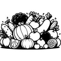 Bunch of vegetables and fruits in monochrome. Simple minimalistic in black ink drawing on white background vector