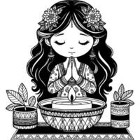 Girl dressed in smart dress praying with her hands folded in prayer in monochrome. Simple minimalistic in black ink drawing on white background vector