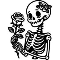Woman skeleton holding rose flower in hands in monochrome. Simple minimalistic in black ink drawing on white background vector